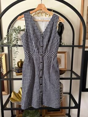 J.Crew Gingham Button Front Mini Dress Womens 00 Navy White Sleeveless V Neck